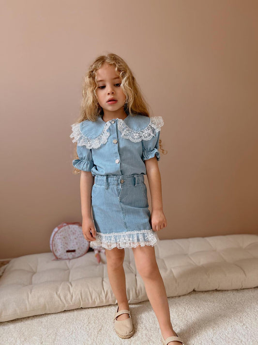 Kız Çocuk Brode Yakalı Dantelli Kot Elbise Uzun Kol Denim